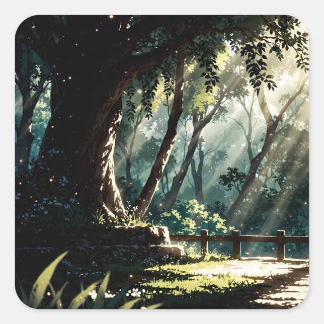 Sunlit anime forest glade quadratischer aufkleber (Vorderseite)