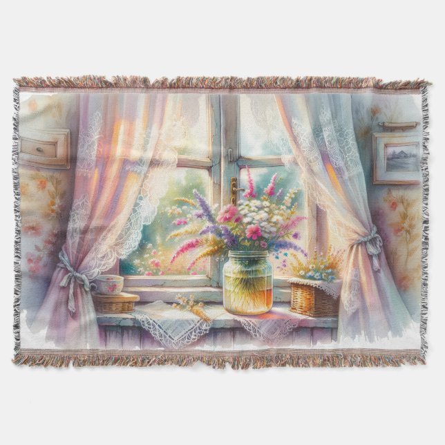 Sunlit Cottage Window Wildflowers Decke (Vorderseite)