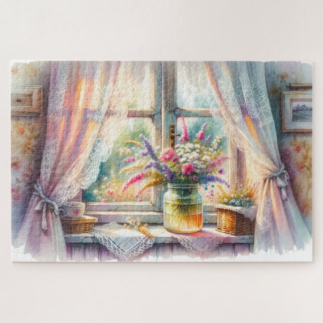Sunlit Cottage Window Wildflowers Puzzle (Horizontal)