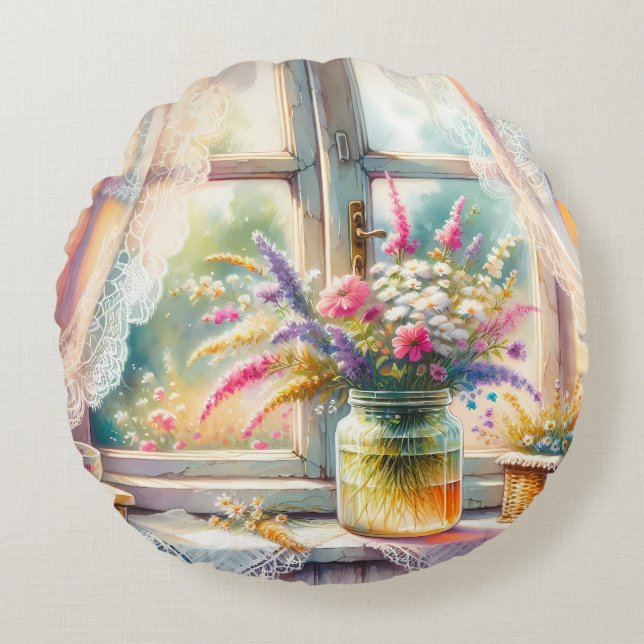 Sunlit Cottage Window Wildflowers Rundes Kissen (Vorderseite)