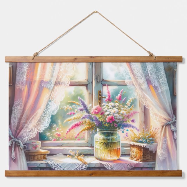Sunlit Cottage Window Wildflowers Wandteppich Mit Holzrahmen (Vorne)
