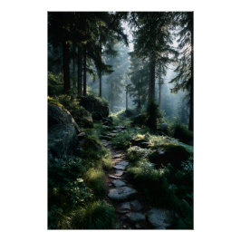 Sunlit Forest Path Through Ancient Pines Poster