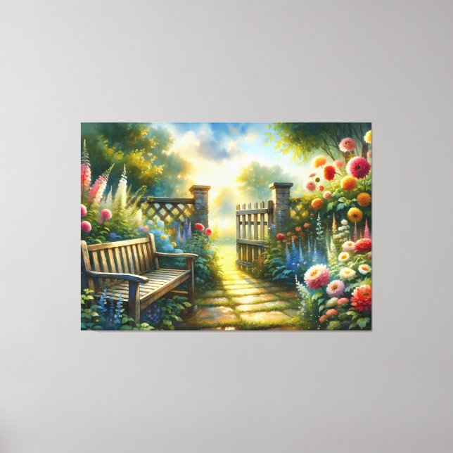 Sunlit Garden Pathway Gate Scene Leinwanddruck (Vorderseite)