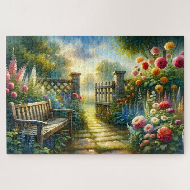 Sunlit Garden Pathway Gate Scene Puzzle (Horizontal)