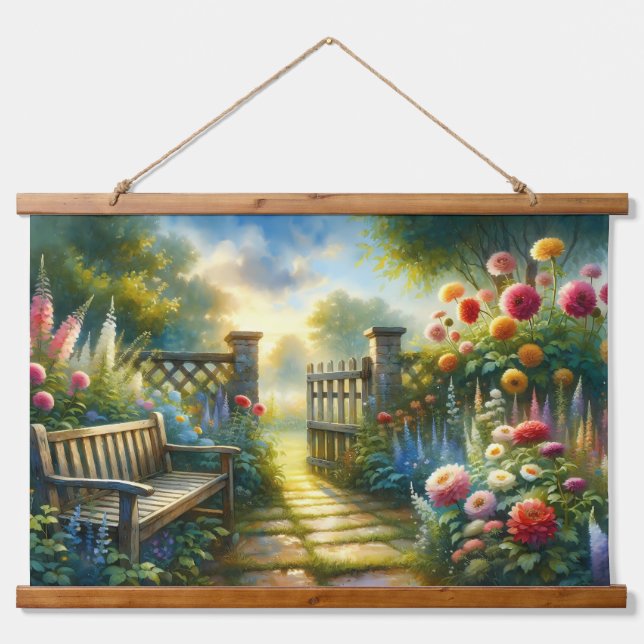 Sunlit Garden Pathway Gate Scene Wandteppich Mit Holzrahmen (Vorne)