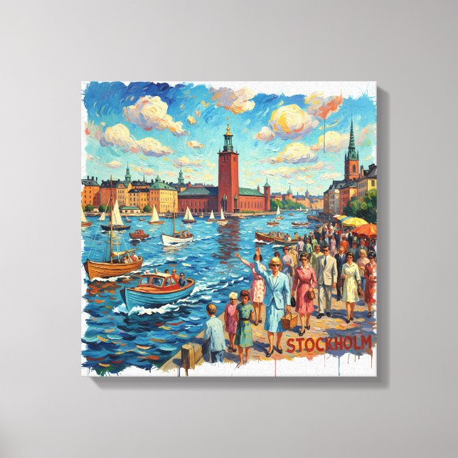 Sunlit Stockholm Harborfront Canvas Art Leinwanddruck (Vorderseite)
