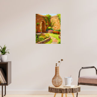 Sunlit Stone Courtyard Garden Path Watercolor Art Poster