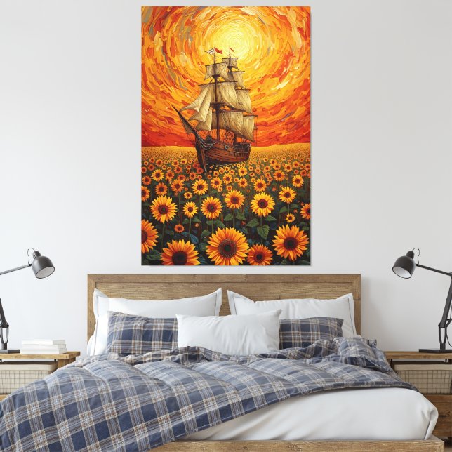  Sunlit Sunflower Sea - Whimsical Sailing Ship Fan Leinwanddruck (Insitu (Schlafzimmer))