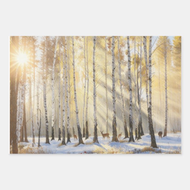 Sunlit Winter Birch Forest with Deer Geschenkpapier Set (Vorderseite 2)