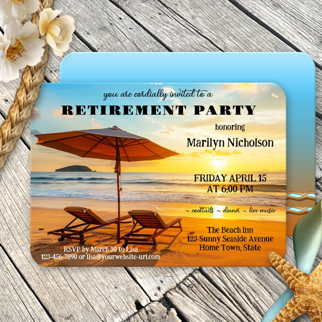 Sunny Beach Retirement Party Einladung (A relaxing retirement party invitation featuring lounge chairs on the beach at sunset)