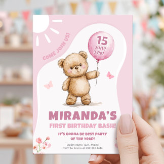 Sunny Bear Pink Ballon Erster Geburtstag Einladung