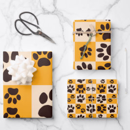 Sunny Cat Paw Print Checkerboard Geschenkpapier Set