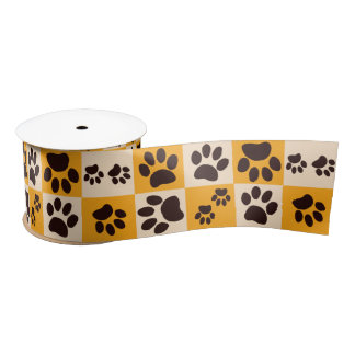 Sunny Cat Paw Print Checkerboard Satinband