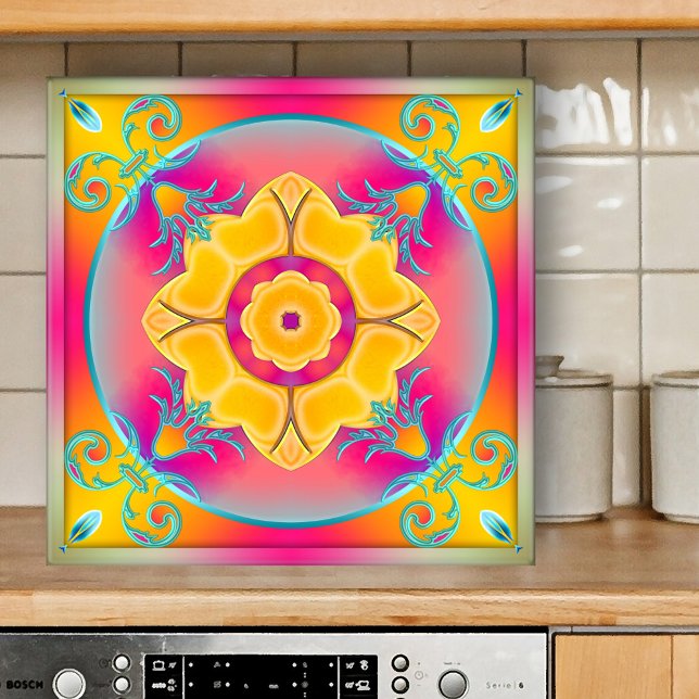 Sunny Colorful Blumenküche oder Bad Tile Fliese (Exotic design kitchen or bathroom tile featuring a colorful abstract geometric floral pattern)