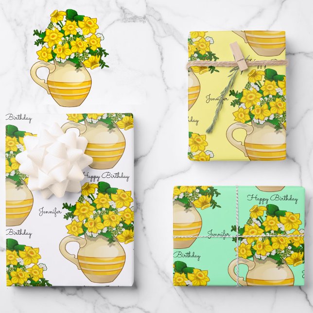 Sunny Daffodils Happy Birthday Add Name 3 Geschenkpapier Set (Von Creator hochgeladen)