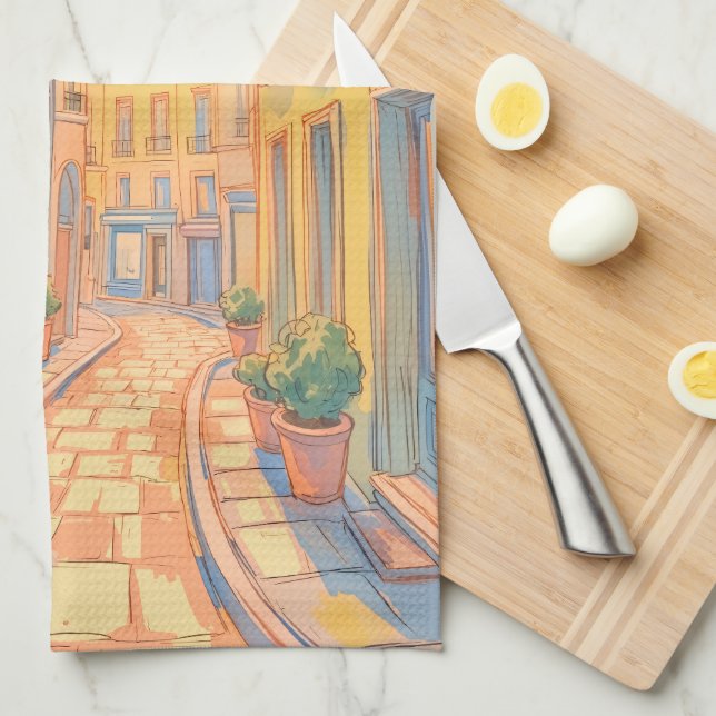 Sunny European Street Kitchen Towel - Cosy Travel Geschirrtuch (Viertel Falte)