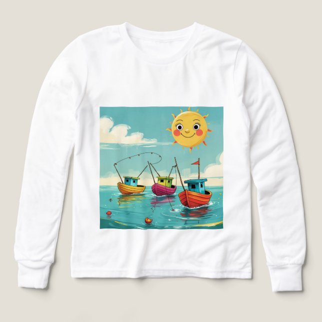 Sunny Fishing Boats – Kids’ Long Sleeve Tee (Design Vorderseite)