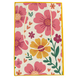 Sunny Garden: Pink Daisy & Heart Botanical Pattern Mittlere Geschenktüte