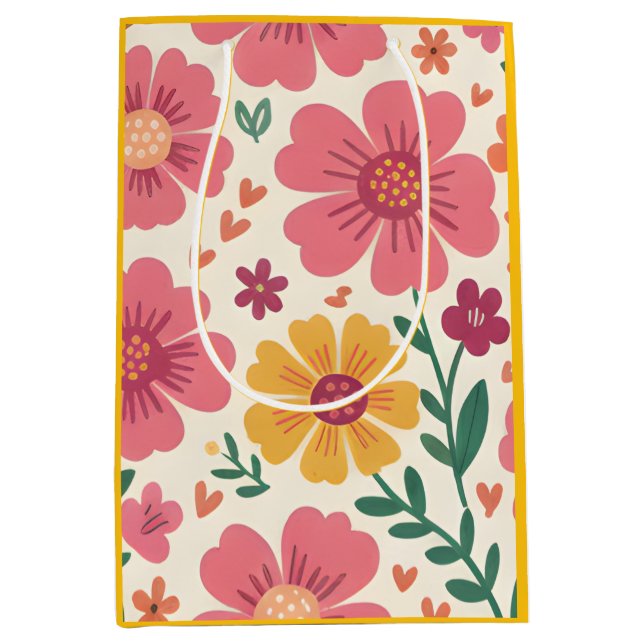 Sunny Garden: Pink Daisy & Heart Botanical Pattern Mittlere Geschenktüte (Vorderseite)