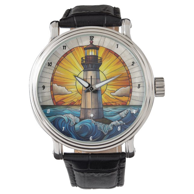 Sunny Lighthouse Waves Stained Glass Armbanduhr (Vorderseite)