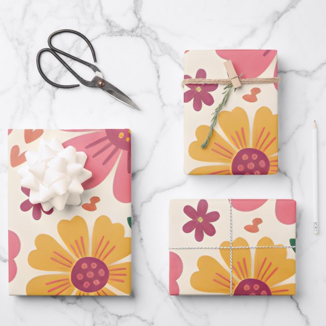Sunny Pink & Yellow Blooms with Heart Accents Geschenkpapier Set (Vorderseite)