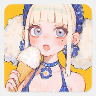 Sunny Scoop Anime Girl mit Vanilla Club Quadratischer Aufkleber