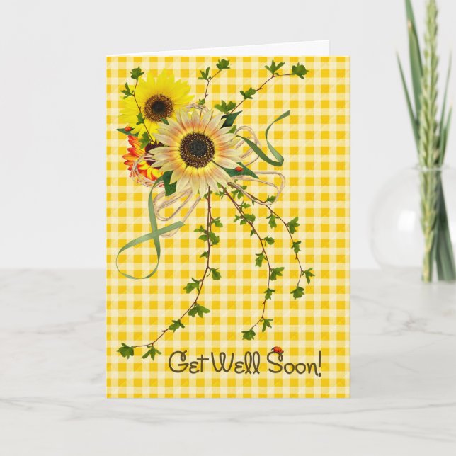 Sunny Sunflower Bouquet on Gingham Karte (Vorderseite)