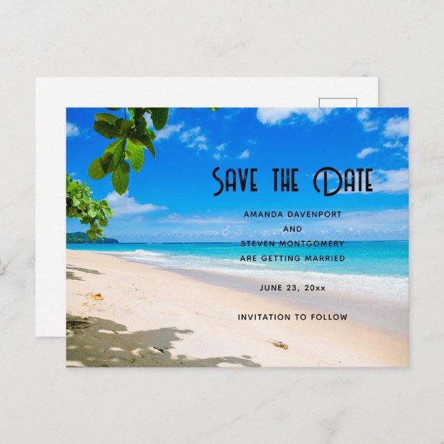 Sunny Tropical Beach Foto Save the Date Einladungspostkarte (Vorne/Hinten)