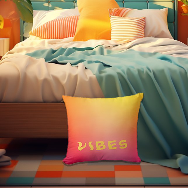 Sunny 'Vibes' Pink Orange und Yellow Ombre Kissen (Vibrant 'VIBES' Ombre Pink Orange and Yellow Decorative Pillow
)