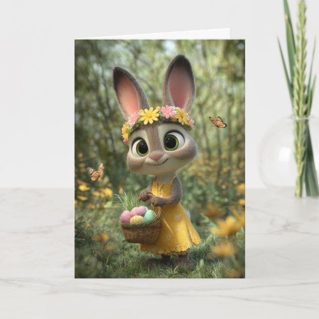 Sunny Yellow Dress Bunny with Easter Basket Card Karte (Vorderseite)