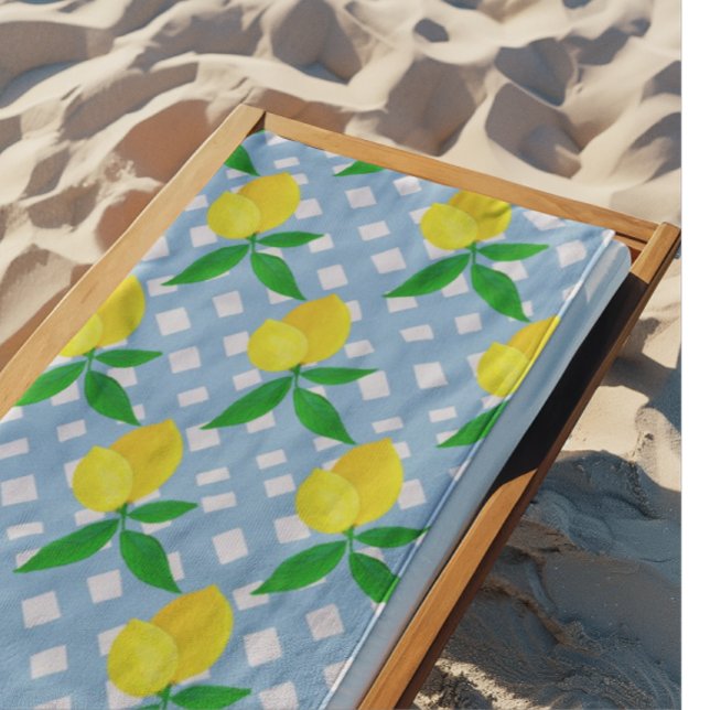 Sunny Yellow Lemons Blue White Check Strandtuch (Sunny lemons at the beach!)