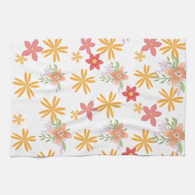 Sunny Yellow & Pink Daisy Floral Pattern  Geschirrtuch (Horizontal)