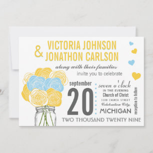 Sunny Yellow Sky Blue Floral Moderne Typografie Einladung