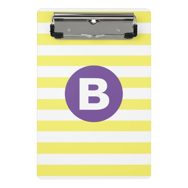 Sunny Yellow Striped Purple Monogram Mini Klemmbrett (Vorderseite)