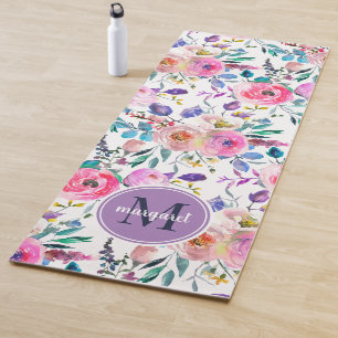 Sunrise Boho Floral Lila und weiß Monogramm Yogamatte