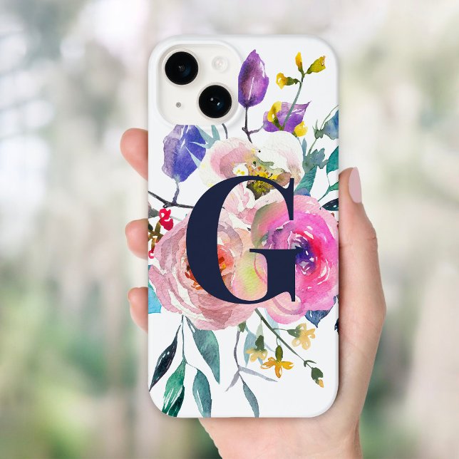 Sunrise Boho Floral Navy Monogramm Case-Mate iPhone Hülle (Von Creator hochgeladen)