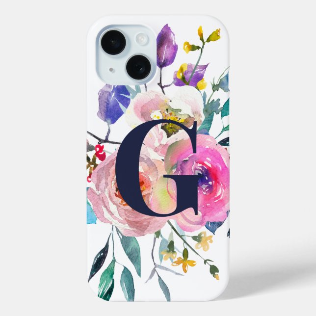 Sunrise Boho Floral Navy Monogramm Case-Mate iPhone Hülle (Rückseite)