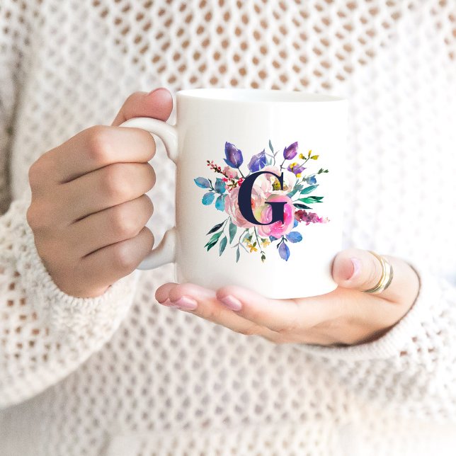 Sunrise Boho Floral Navy Monogramm Kaffeetasse (Von Creator hochgeladen)
