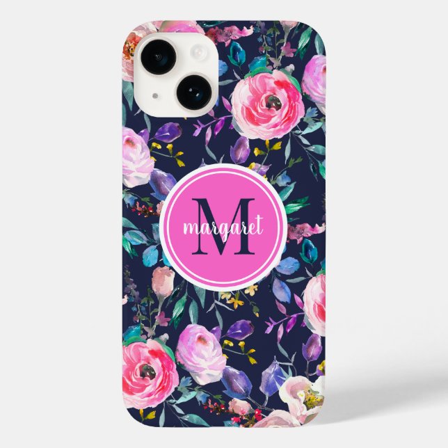 Sunrise Boho Floral Pink und Navy Monogram Case-Mate iPhone Hülle (Rückseite)