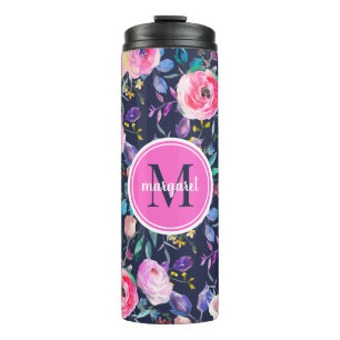 Sunrise Boho Floral Pink und Navy Monogram Thermosbecher