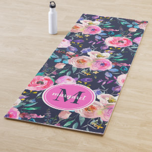 Sunrise Boho Floral Pink und Navy Monogram Yogamatte