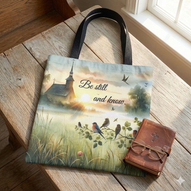 Sunrise Church with Birds in Misty Meadow (Sunrise Church with Birds in Misty Meadow Tote Bag On Wood Table)