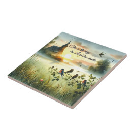 Sunrise Church with Birds in Misty Meadow Fliese