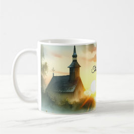 Sunrise Church with Birds in Misty Meadow Kaffeetasse