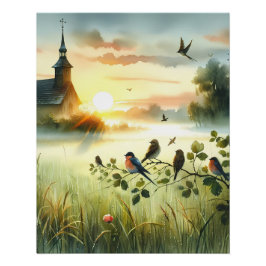 Sunrise Church with Birds in Misty Meadow No Verse Poster