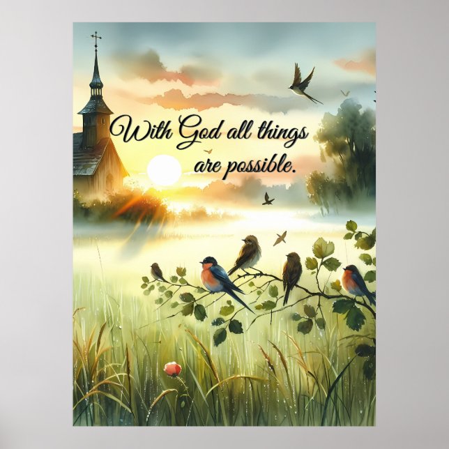 Sunrise Church with Birds in Misty Meadow Poster (Vorne)