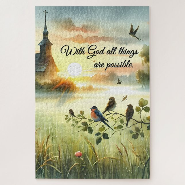 Sunrise Church with Birds in Misty Meadow Puzzle (Vertikal)