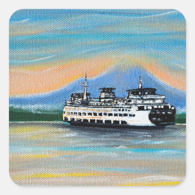 Sunrise Ferry Painting Quadratischer Aufkleber (Vorderseite)