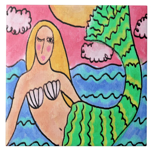 Sunrise Mermaid Abstrakte digitale Malerei Fliese (Vorderseite)