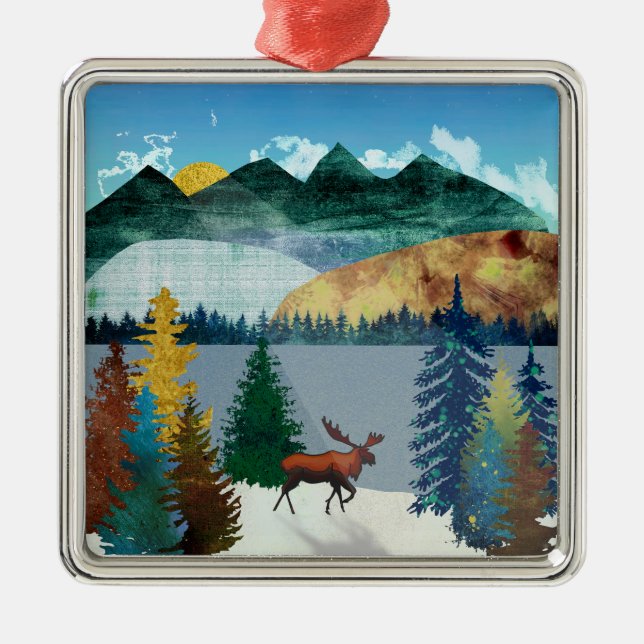 Sunrise Moose Ornament Aus Metall (Vorne)